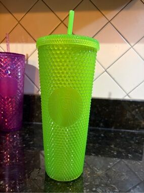 Starbucks Neon Lime Green Studded Tumbler  Straw GLOW IN DARK LIMITED EDITION